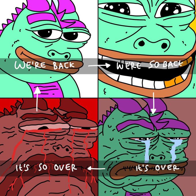 A Pepe-style dragon mascot undergoes a dramatic emotional shift across four panels—starting smug with "WE'RE BACK," grinning "WE'RE SO BACK," then crying "IT'S OVER," and finally ending in a bloody, defeated state—capturing the volatile rollercoaster of memecoin sentiment tied to Speero's resurgence narrative on Solana.