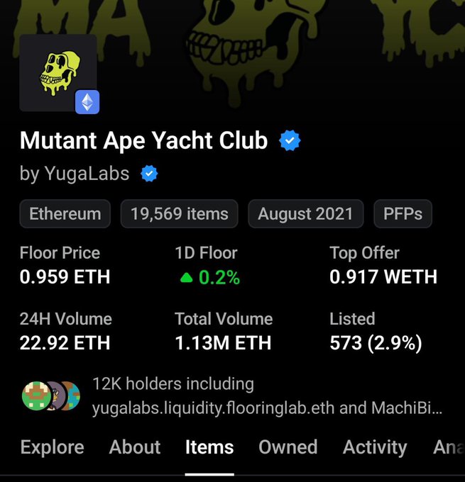 OpenSea listing for Mutant Ape Yacht Club by YugaLabs on Ethereum, showing 19,569 items, a floor price of 0.959 ETH, 1D floor up 0.2%, and 24H volume of 22.92 ETH.