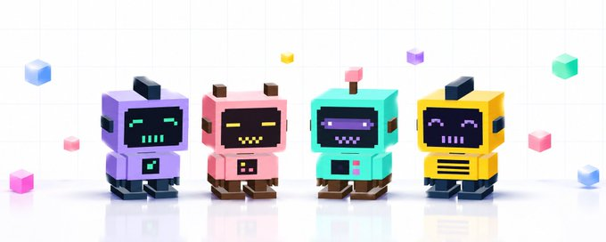 3D-rendered illustration of four colorful pixel-art style robots (purple, pink, teal, and yellow) with different facial expressions, surrounded by floating cubes on a white background.