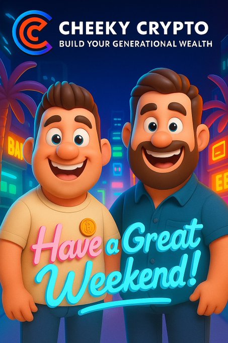 Two cartoon-style men smile in a neon-lit city setting with text reading 'CHEEKY CRYPTO - BUILD YOUR GENERATIONAL WEALTH' and 'Have a Great Weekend!' displayed prominently.