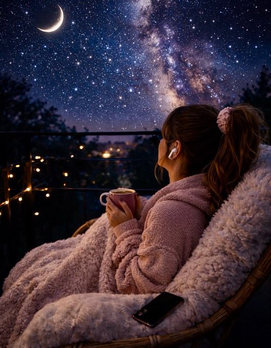 A woman in a pink fluffy sweater and wireless earbuds relaxes in a chair holding a mug, gazing up at a starry night sky featuring the Milky Way and a crescent moon, with string lights in the background.