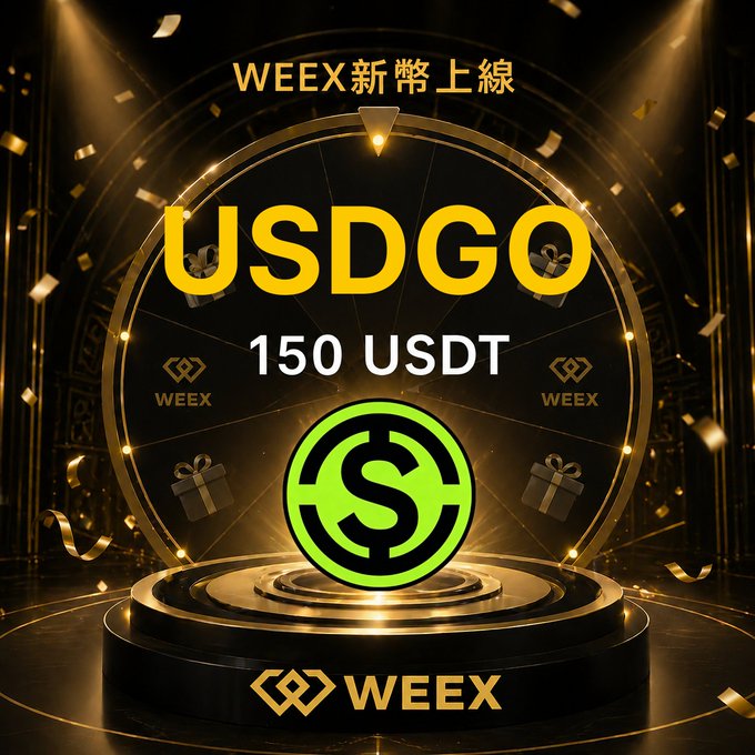 The image features a gold-colored wheel with a green dollar sign on top of it, surrounded by gold confetti. The text "USDCGO 150 USDT" is displayed above the wheel, indicating that there's an opportunity for users to win USDCGO currency in exchange for playing a game or completing a task.