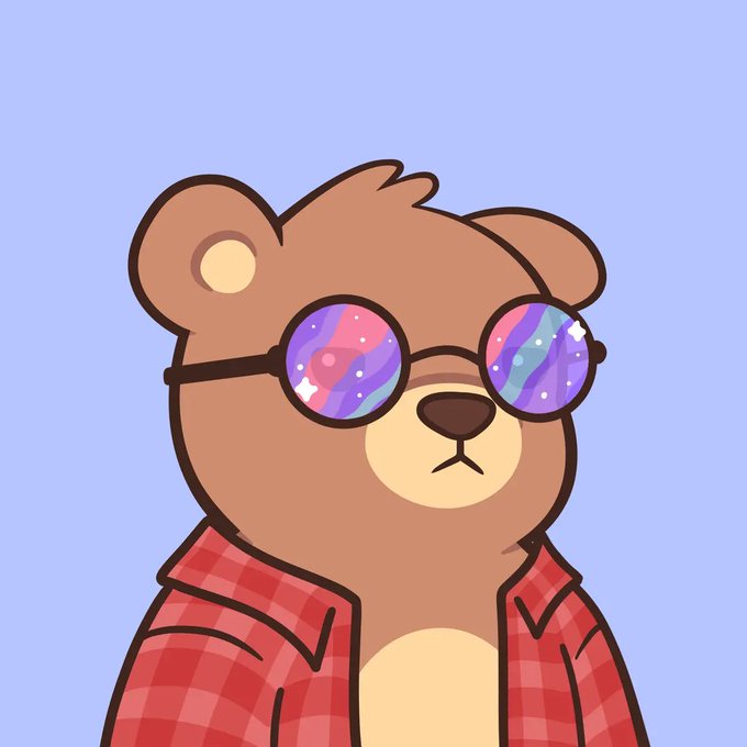 A cartoon illustration of a brown bear character wearing round glasses with galaxy/space-patterned lenses and a red plaid shirt against a light purple background.