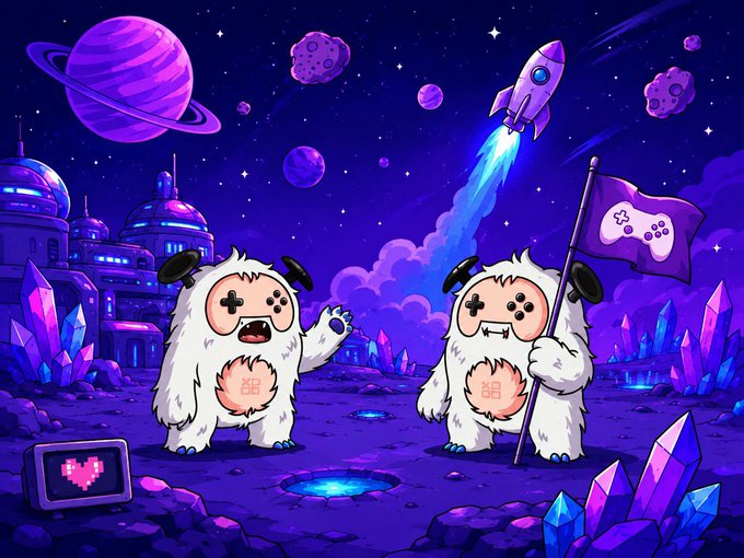 The image features two white furry creatures with big eyes standing on a rocky surface under a starry sky. The creatures are holding flags, one of which has a gaming controller attached to it. In the background, there's a rocket flying through space, and a planetarium is visible in the distance. The post also mentions an ongoing campaign called "@XOOBNetwork ImpactShare" that offers rewards for those who accumulate enough impact shares during the 90-day period.