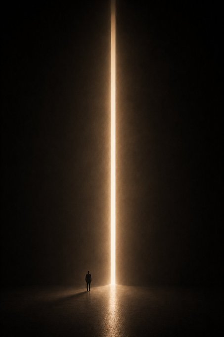 A solitary figure stands in vast darkness facing a towering vertical beam of golden light that descends from above.