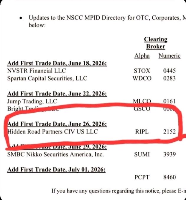 A document listing NSCC MPID Directory updates highlights 'Hidden Road Partners CIV US LLC' with Alpha 'RIPL' and Numeric '2152' for First Trade Date June 26, 2026.