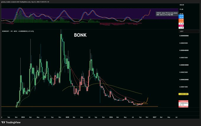 A TradingView weekly candlestick chart of BONK/USDT on Binance shows the meme coin's price history from 2024 through 2025, currently trading at 0.00002446 with a 90.20% 1-year change, illustrating the volatile price action backing the bullish "Next up $Bonk" sentiment.