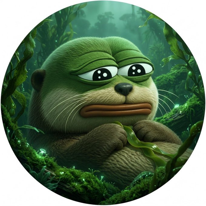 A stylized, 3D-rendered portrait of a furry green monkey character with half-closed eyes, set against a lush, dark green jungle background.