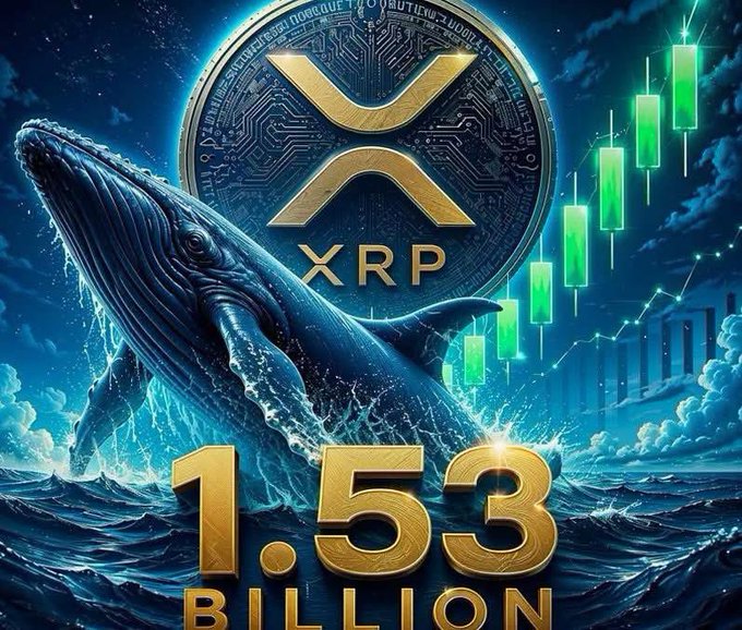A massive whale breaches stormy seas alongside an XRP coin, with a green bullish candlestick chart rising in the background. Bold text reads "1.53 BILLION," visually highlighting the post's claim that XRP whales accumulated that amount in just six months, now controlling 74.1% of the circulating supply.