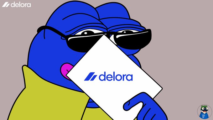 A cartoon blue character wearing sunglasses holds a white sign displaying the 'delora' logo, with the same logo visible in the top-left corner.