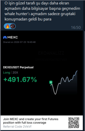 A Telegram message in Turkish jokes about having the best trade of the day without even opening the screen, sharing a MEXC Futures screenshot showing a **DEXEUSDT Perpetual** long position (20x leverage) at **+491.67%** profit, shared on 2026-07-25 with referral code "2VkVf." The caption "Dexe, sinyal grubuna biat ediyor" ("DEXE is following the signal group") connects to the image by attributing the massive gain to following a trading group's signal.