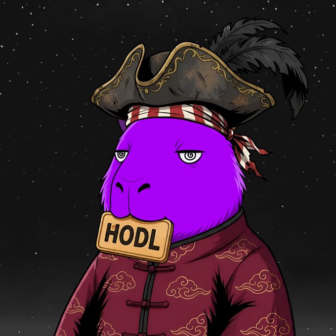 A cartoon illustration of a purple ape/dinosaur wearing a tricorn pirate hat and a maroon patterned robe, holding a wooden sign that reads 'HODL' against a starry night sky.