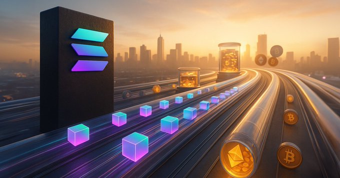 A futuristic cityscape at sunset with a Solana logo on a monolith, glowing cryptocurrency blocks flowing along tracks, and gold coins with Bitcoin and Ethereum symbols.