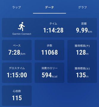 Garmin Connect workout data showing a run of 9.99 km in 1:14:28, with 11,068 steps, pace 7:28/km, elevation gain 128m, calories burned 594 kcal, and average heart rate 115.