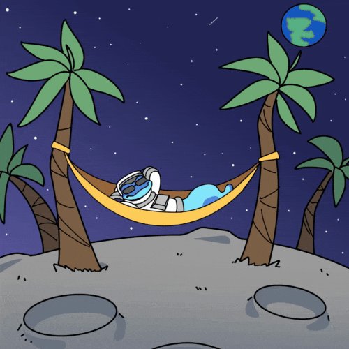 The image features a cartoon astronaut lying down in a hammock, with two palm trees behind him. The scene takes place under a starry night sky, giving the impression of being on an alien planet or floating in space. The caption "Checkout @snek $SNEK" is written below the image, possibly indicating that it was shared on social media platforms like Twitter or Instagram.