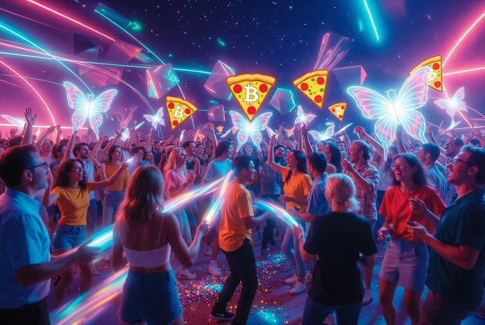 The image shows a group of people dancing and having fun together in front of a pizza-themed event. The atmosphere appears lively with colorful neon lights illuminating the scene. There are several pizzas scattered around the area, adding to the festive ambiance. The crowd is engaged in various activities such as holding up pizza slices or waving glow sticks shaped like pizza toppings. The overall vibe suggests that this gathering might be a party or a social event centered around food and entertainment.