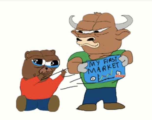A cartoon illustration showing a crying bear being pulled away by a larger angry bull holding a chart labeled 'MY FIRST MARKET'.