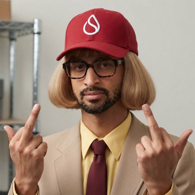 A man with a beard, wearing a blonde bob wig, oversized tortoiseshell glasses, a red baseball cap, a beige suit jacket, yellow shirt, and red tie, makes a rock-on gesture with both hands.