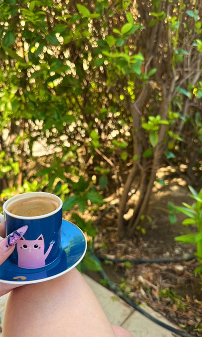 A hand holds a blue espresso cup featuring a pink cat illustration against a lush garden backdrop, capturing a quiet moment of reflection. The serene, contemplative scene of enjoying coffee amid greenery mirrors the post's meditative tone of patience and stillness in contrast to the restless chasing of fleeting rewards.