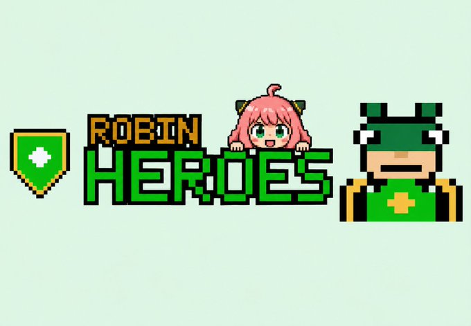 Pixel art logo for 'ROBIN HEROES' featuring a green shield icon, a pink-haired anime-style character peeking over the text, and a pixelated character wearing a green hat and shirt on the right.