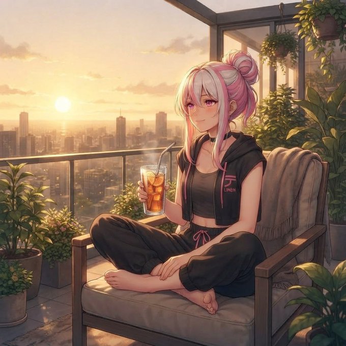 An anime-style illustration of a woman with pink hair sitting cross-legged on a chair on a balcony at sunset, holding a glass of iced tea, with a cityscape visible in the background.