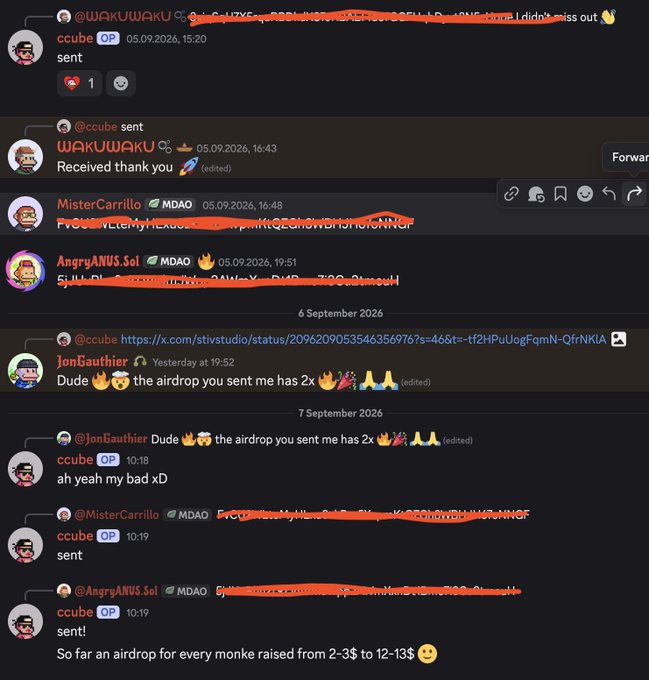 Telegram chat log from an OP/CCube channel showing messages about airdrops, including one user saying 'the airdrop you sent me has 2x' and notes about monke raised from 2-3$ to 12-13$.