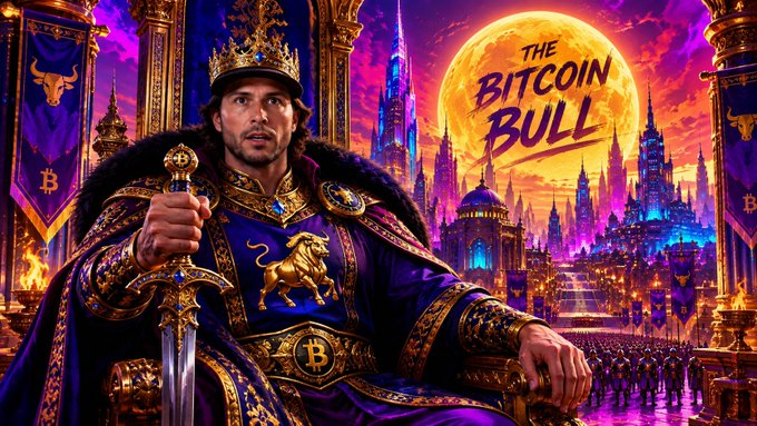 A vibrant, fantastical illustration titled 'THE BITCOIN BULL' depicting a bearded king in royal regalia holding a sword, seated before a futuristic city and an army, set against a backdrop of a giant golden moon and Bitcoin logos on banners.