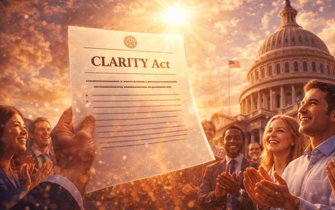 A glowing document titled "CLARITY Act" is held aloft in front of the U.S. Capitol building, surrounded by applauding, smiling Americans bathed in warm sunlight. The image visually reinforces the post's call for Congress to pass the CLARITY Act to position the U.S. as the global home for digital assets.