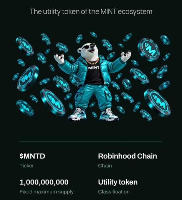 A promotional graphic for the MINT ecosystem featuring a panda mascot in streetwear surrounded by floating coins with the letter 'M', with text identifying '$MNTD' as a utility token on Robinhood Chain with a fixed maximum supply of 1,000,000,000.