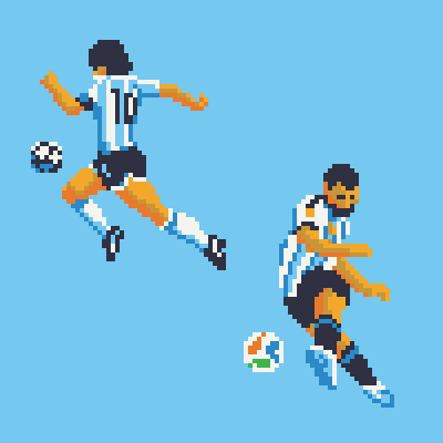 The image features two soccer players, one of whom is kicking a soccer ball while the other player is running towards them. The background color of the image is blue with white text that reads "Day #1043: Vamos Argentina My contribution to today's canvas on @basepaint_xyz ディエック".