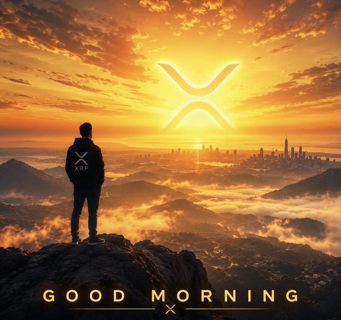 A 'GOOD MORNING' motivational graphic featuring a silhouetted figure in an 'XRP' hoodie standing on a rocky mountain peak at sunrise, overlooking a foggy city skyline with a glowing XRP logo in the sky.