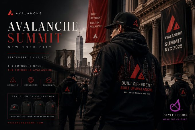 A promotional graphic for 'Avalanche Summit' in New York City on September 16-17, 2025, featuring a person wearing branded apparel against a city skyline, with tags for Innovation, Connection, Community, and a Style Legion Collection.