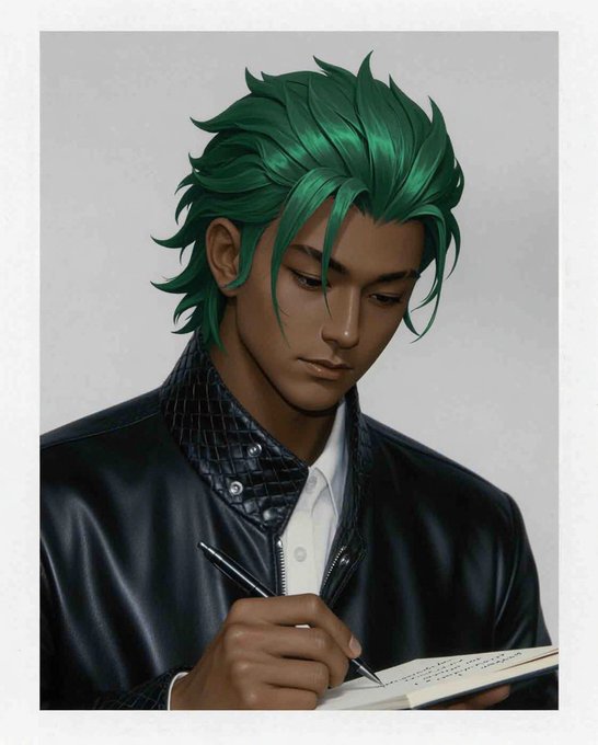 A stylish digital illustration depicts a young man with vibrant green hair, wearing a black leather jacket, focused intently on writing in an open book with a pen. The image's polished, anime-inspired aesthetic aligns with the post's crypto/NFT theme, suggesting a creative or design-focused alpha as a potential recommendation.