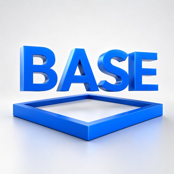 A 3D-rendered graphic featuring the word "BASE" in bold, blue block letters stacked above a blue square frame on a white background. This image serves as a branded visual for Base, aligning with the post's promotion of Base as a developer-friendly blockchain platform offering low fees, fast infrastructure, and strong support for builders.