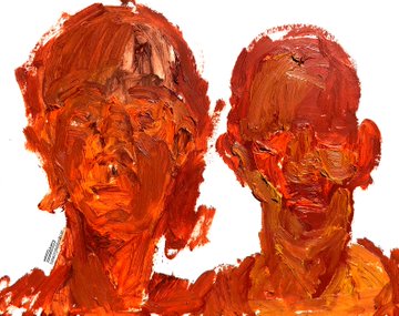 Two expressive, impasto-style portraits rendered in thick, warm red and orange brushstrokes depict human faces against a white background, with a partially legible signature in the lower left corner. The bold, textured technique contrasts different stylistic approaches within the same artist's work, as highlighted in the caption.
