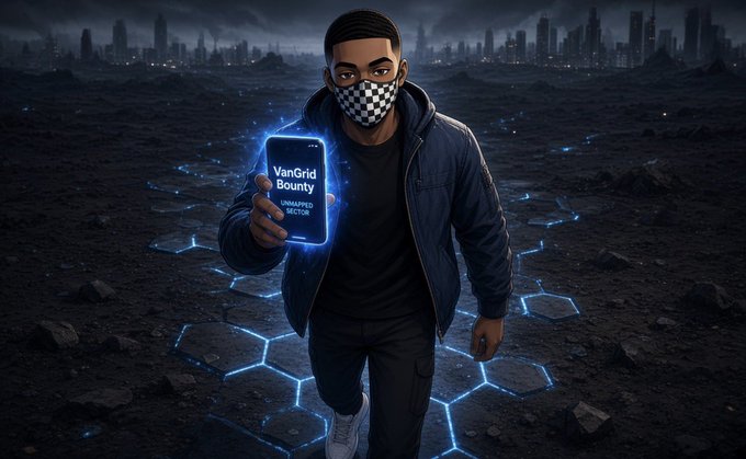 A digital illustration of a masked figure in a dark jacket holding a glowing blue card reading "VanGrid Bounty - Unmapped Sector," standing on a hexagonal energy grid against a dark, futuristic cityscape.