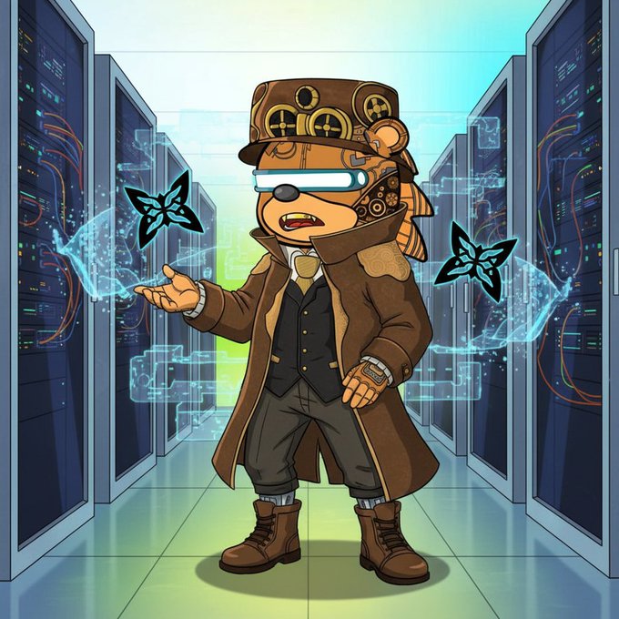 The image features a cartoon bear dressed in a brown coat, hat, and boots standing in front of multiple servers or data centers with blue screens displaying lines of code. The bear appears to be holding up two butterflies while wearing glasses that have blue screens on them. The caption reads "Good quip morning I have been testing out the quipnetwork testnet lately ... Feels like real progress toward making quantum useful beyond labs".