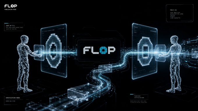 A futuristic digital interface with the text 'FLOP PUBLICATION NODE' and 'FLOP' in the center, flanked by two human wireframe figures interacting with holographic screens.