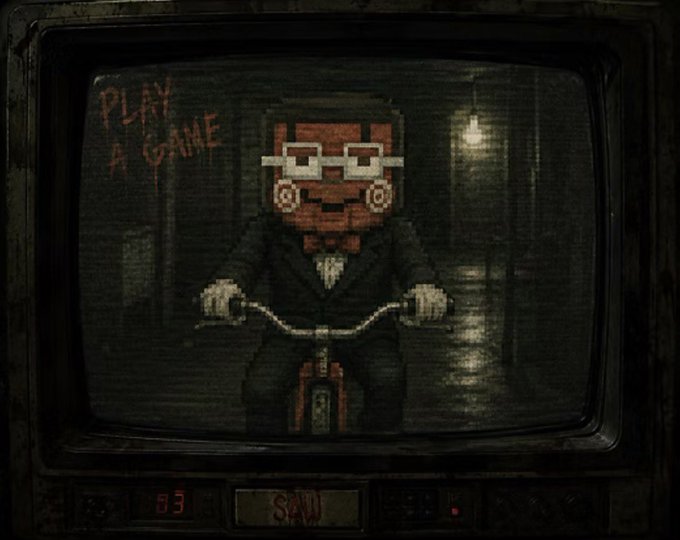 A pixelated character with glasses rides a bicycle, displayed on an old TV screen with the red handwritten text "PLAY A GAME" in the corner, while the dashboard below shows "63" and "SAW." The eerie "PLAY A GAME" message and unsettling atmosphere tie into the post's suspenseful theme of hidden NFTs concealed within abandoned StonkBrokers' wallets, inviting viewers to "play" by seeking out the hidden digital assets.