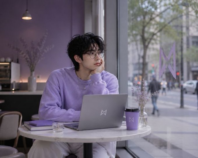 A man in a purple sweater sits at a cafe table with a purple laptop and matching coffee cup, looking out the window.