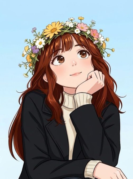 An anime-style illustration depicts a girl with long brown hair wearing a flower crown of daisies and yellow blooms, a cream sweater, and a black blazer, gazing upward thoughtfully.