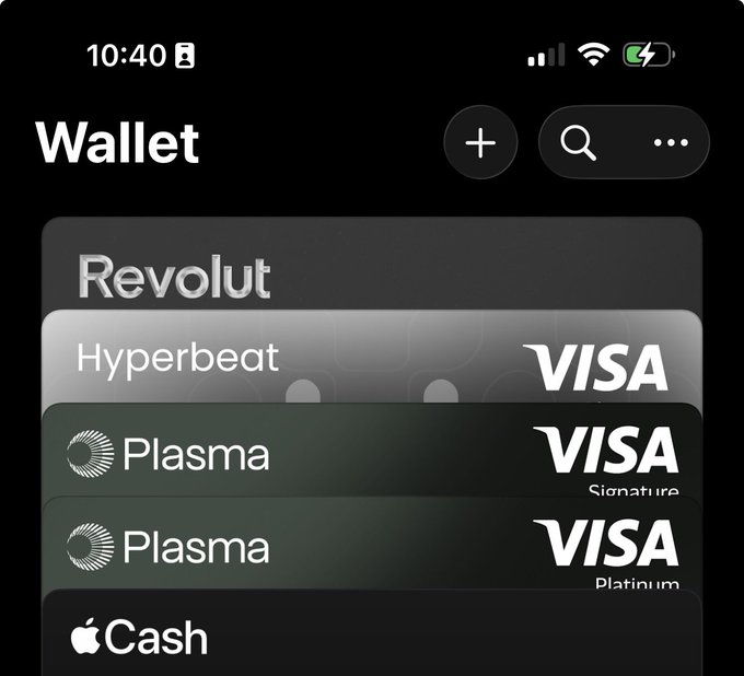 The image shows an iPhone Wallet screen displaying stacked cards including Revolut, Hyperbeat Visa, two Plasma Visa cards (Signature and Platinum), and Apple Cash, illustrating the user's transition to using Plasma for cashback rewards referenced in the post.