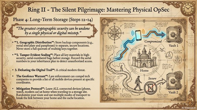 The image is an instructional slide titled "Ring II - The Silent Pilgrimage: Mastering Physical OpSec," specifically covering "Phase 4: Long-Term Storage (Steps 12-14)" with a quote about cryptographic security being undone by physical or digital missteps. It illustrates a "Compromised" phone sending data to "Vault 1" and a "Secure" phone walking to "Vault 2," depicting the contrast between geofence warrant vulnerabilities and proper mitigation protocols.

The slide relates to the accompanying post by visualizing the geographic distribution concept, showing how splitting key materials across multiple secure vaults (Vault 1 and Vault 2) provides defense against localized threats, while also highlighting the operational security risks of digital trails and geofence warrants that the distribution process can create.
