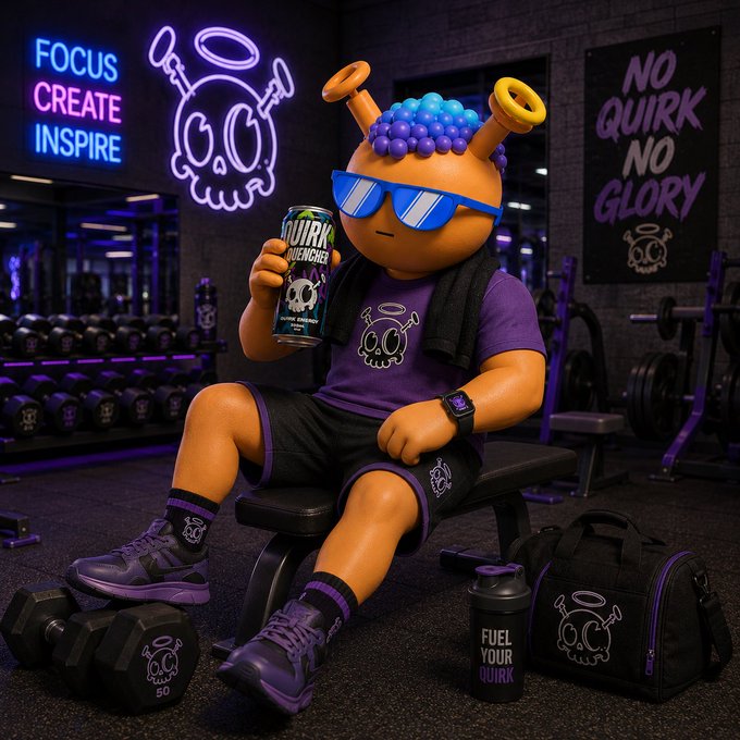 3D-rendered character with a skull-like head wearing purple workout attire, sunglasses, and blue hair buns, sitting in a gym holding a 'QUIRK QUENCHER' energy drink can, surrounded by branded gym equipment.