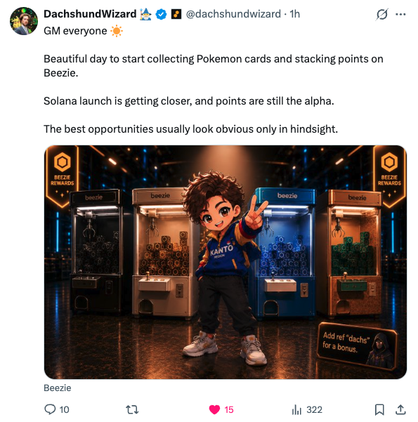 The image features a cartoon character standing next to a row of Pokemon trading card machines, with a caption about collecting Pokemon cards and stacking points. The post also mentions that the best opportunities are usually only available in the spotlight.