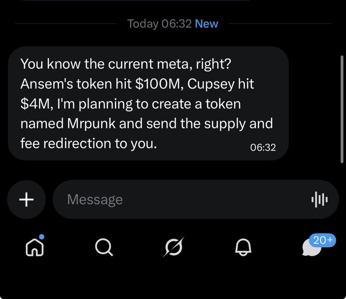 An iPhone iMessage screenshot shows a text at 6:32 AM reading: "You know the current meta, right? Ansem's token hit $100M, Cupsey hit $4M, I'm planning to create a token named Mrpunk and send the supply and fee redirection to you."
