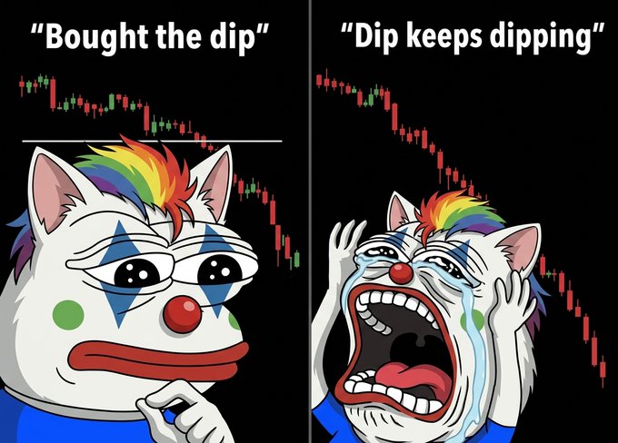 A meme using the sad/crying clown format showing a clown character with rainbow hair; the left side reads 'Bought the dip' with a stock chart, and the right side reads 'Dip keeps dipping' with a continuously falling chart.