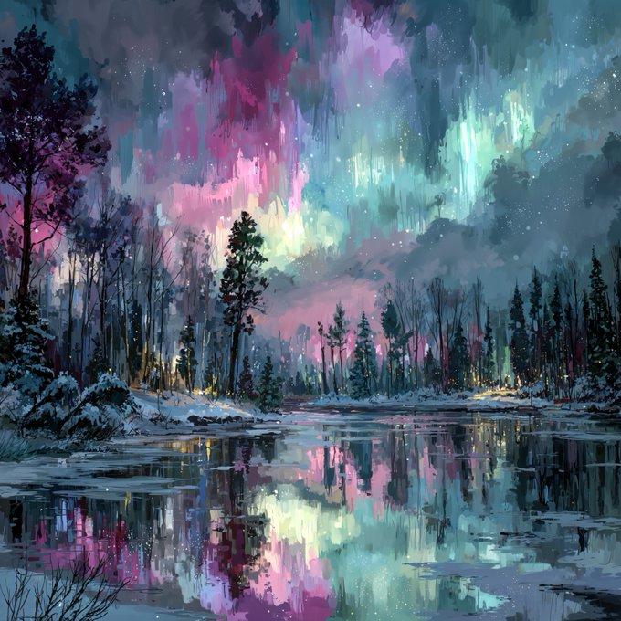 A vibrant painting depicting a snowy forest with trees reflecting in a still body of water, illuminated by a colorful aurora-like sky in pinks, purples, and greens.