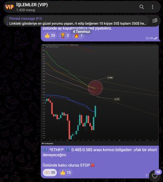 The image shows a Telegram VIP channel post celebrating a successful short trade on ETHFI, displaying a candlestick chart with a profit indicator of "0.485-0.585" and noting "1 Temmuz" (July 1) results. The accompanying text confirms the altcoin short hit its target, matching the chart's visible profit zone marked near the 0.481 level.