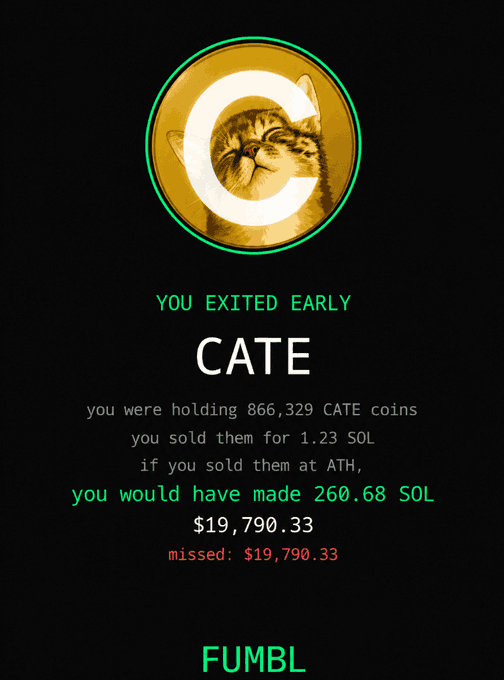 The image shows a "Fumbled" crypto loss tracker screenshot featuring a tabby cat logo for $CATE, indicating the user sold 866,329 CATE coins for 1.23 SOL and missed out on $19,790.33 in potential gains. It humorously illustrates the poster's regret of selling their $CATE holdings too early, as referenced in their post about checking bags-fumbled.com.